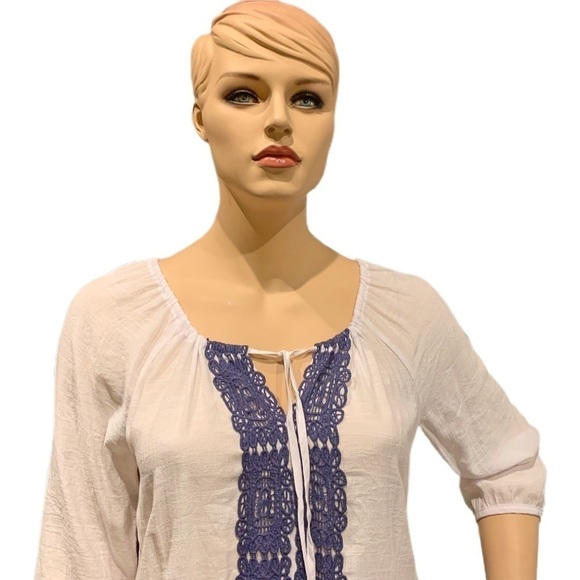 Spense Peasant Blouse Size XL Boho White Tunic w/ Blue Crocheted Tie Front - Picture 2 of 10